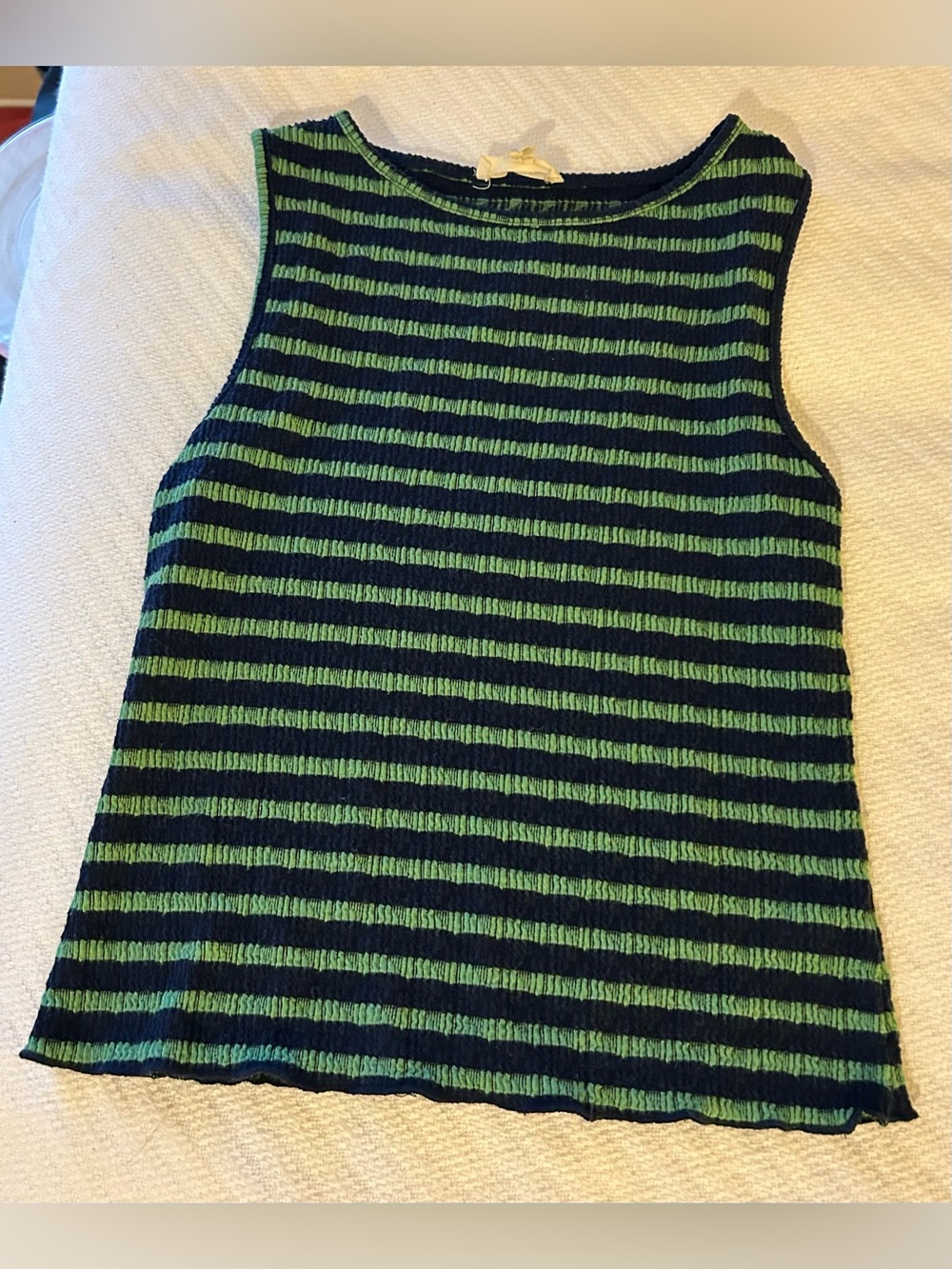 See You Monday Striped Sleeveless Knit Tank Top - Green/navy, size medium